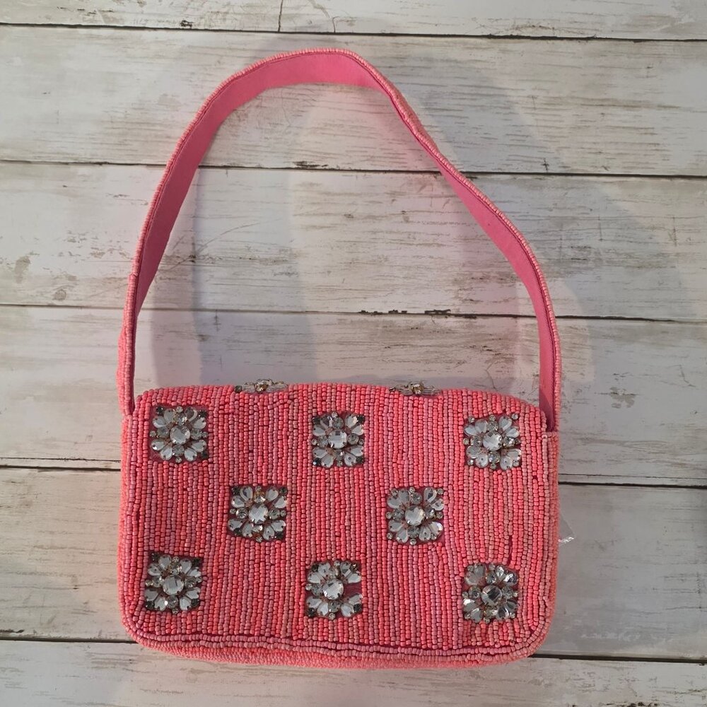 Anthropologie Fiona Pink Beaded Bag Geometric Glam  NWOT *flaw - Picture 2 of 7